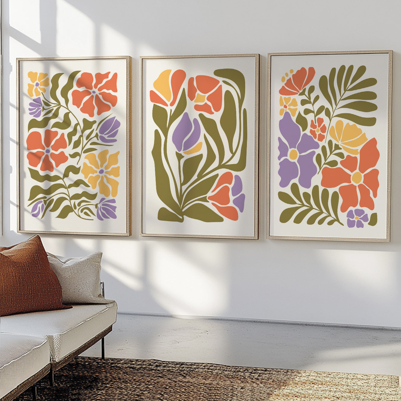 Minimalist colorful floral prints inspired by Matisse, perfect for mid-century modern interiors.