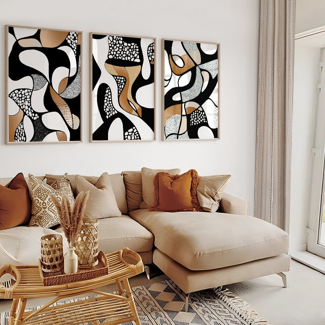 Abstract Wall Art Set of 3 – Geometric Nordic Black White Beige Art (USA)