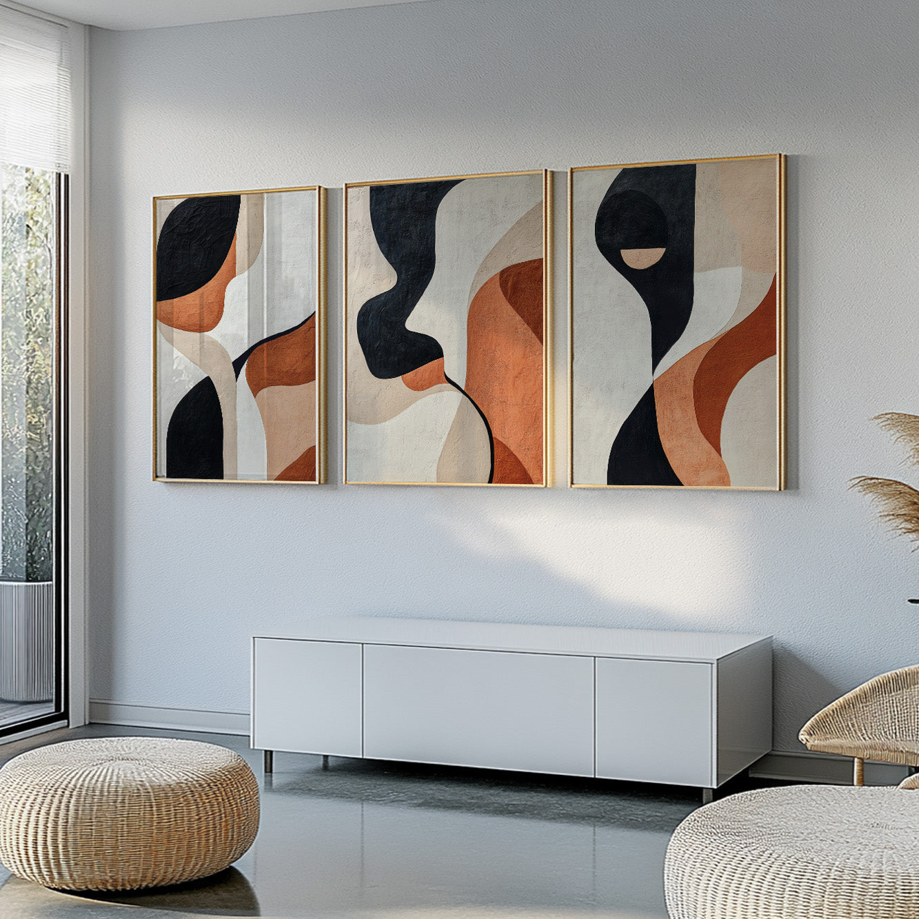 Modern Abstract Set of 3 – Black Terracotta Nordic Geometric Art (USA)