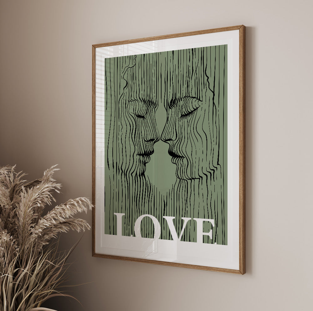 Abstract Kissing Lovers Portrait – Sage Green Love Couple Print for Modern Apartment Decor