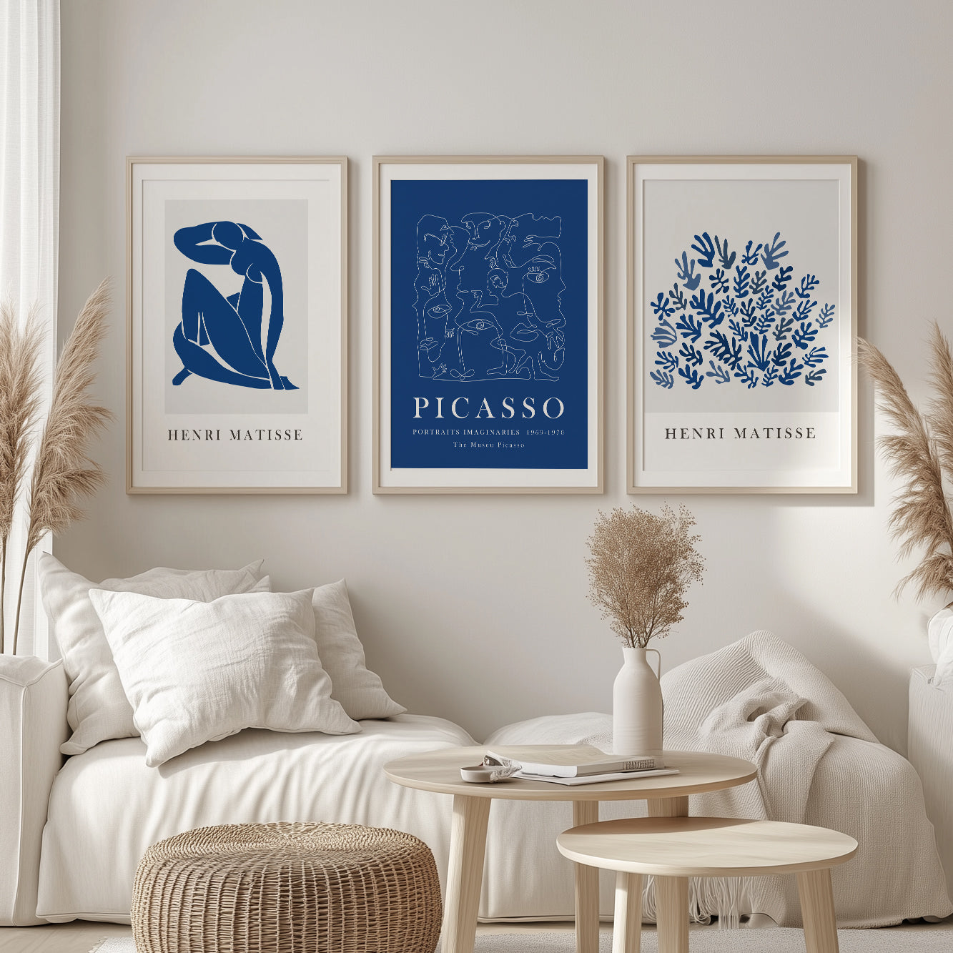 Set of three minimalist Matisse prints in navy blue tones, perfect for mid-century gallery wall.