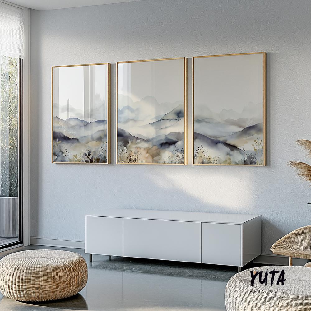 Scandinavian minimalist mountain posters – gallery wall set of 3 prints.