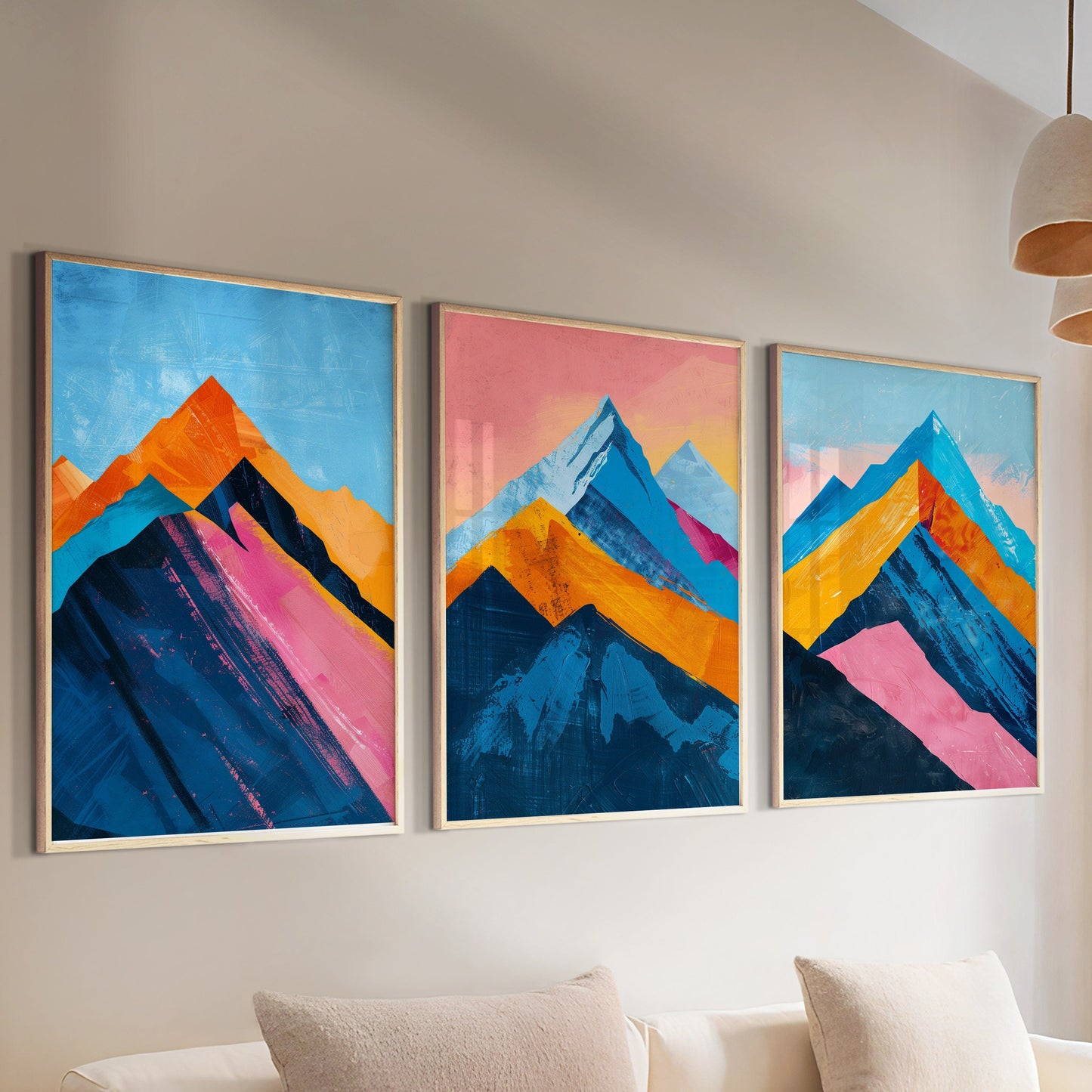 Minimalist mountain triptych with pastel blue and pink colors – modern landscape posters.