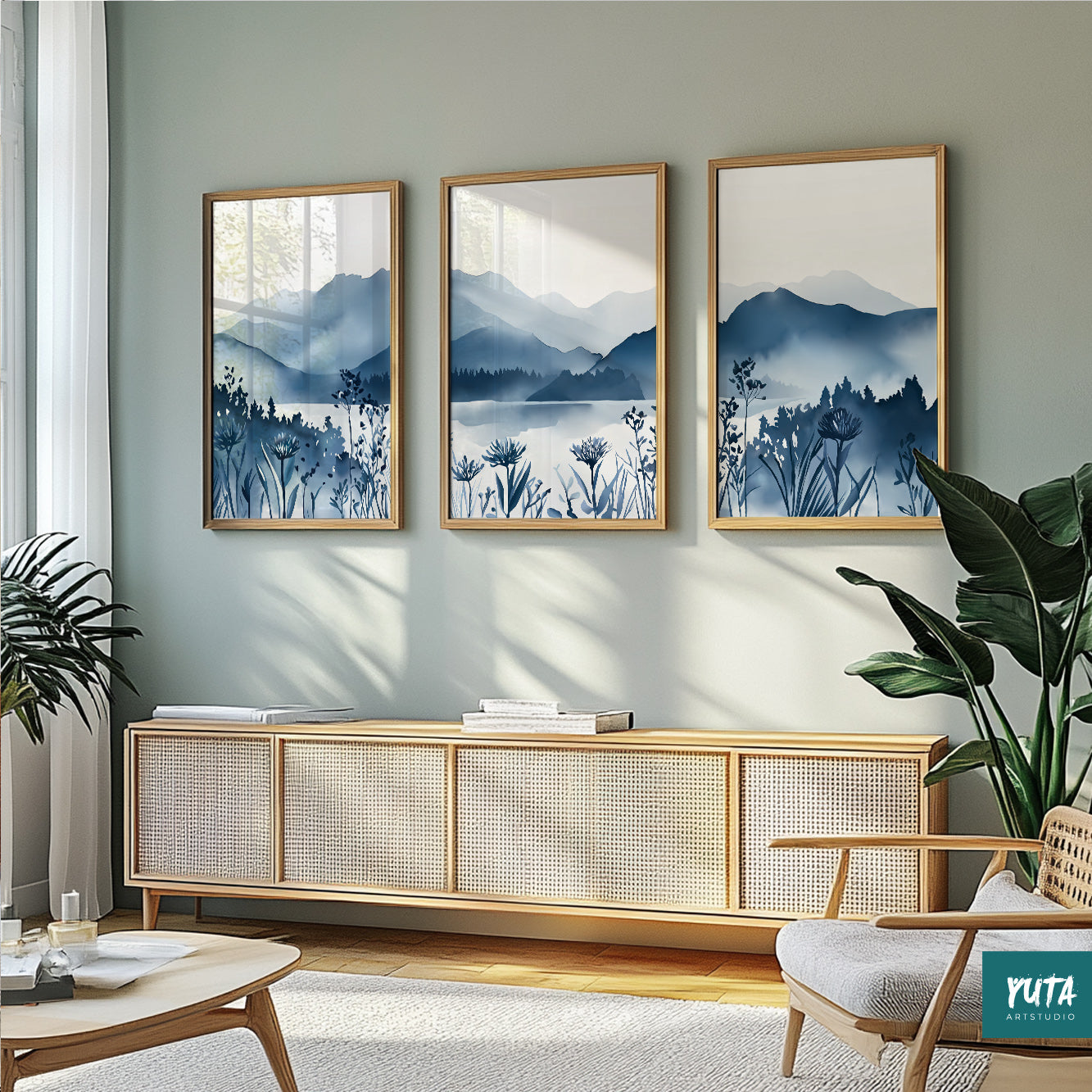 Minimalist blue mountain wall art set, perfect for nature-inspired interiors.