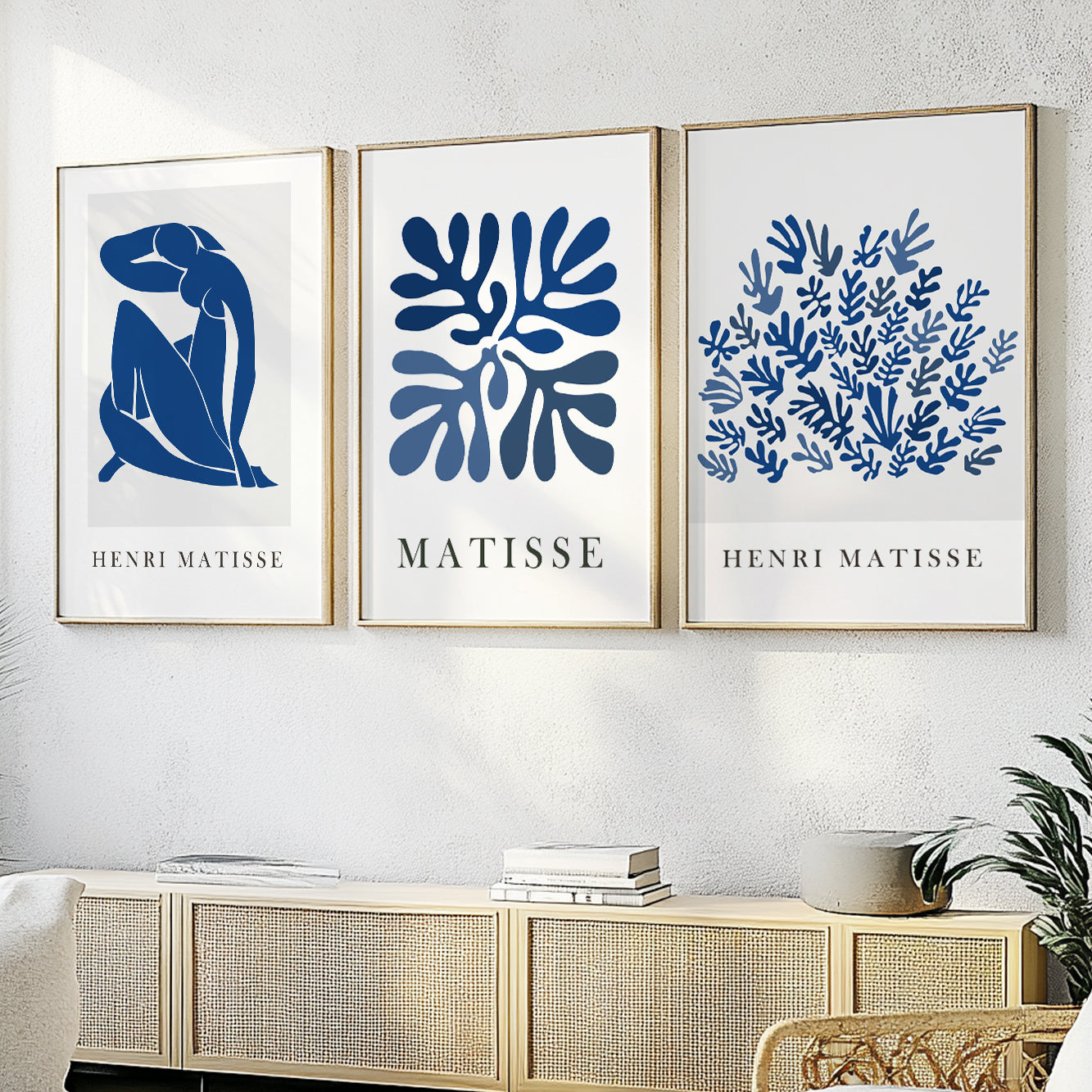 Matisse-inspired navy blue triptych – minimalist mid century prints for bedroom or living room.