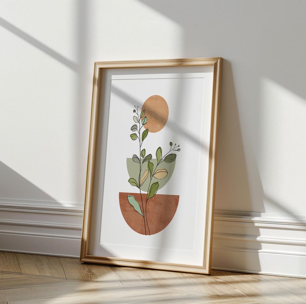 Minimalist pastel botanical print ideal for calm bedrooms or modern living rooms.