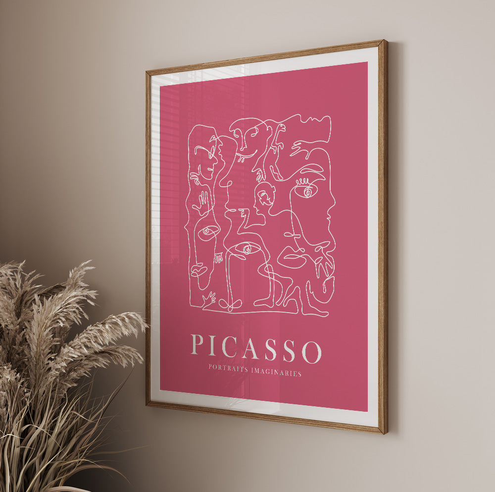 Minimalist pink Picasso-style print ideal for bedroom or calm living room decor.
