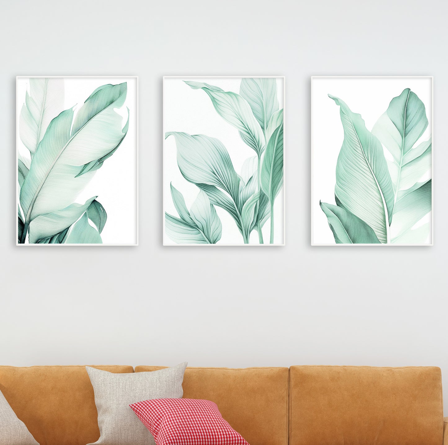 Botanical poster set displayed in natural daylight, highlighting the soft green tones and texture details.