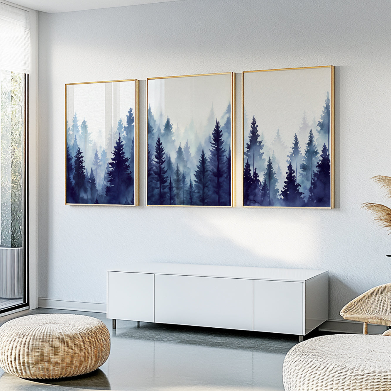 Watercolor pine tree prints with misty mountain background, Nordic style.
