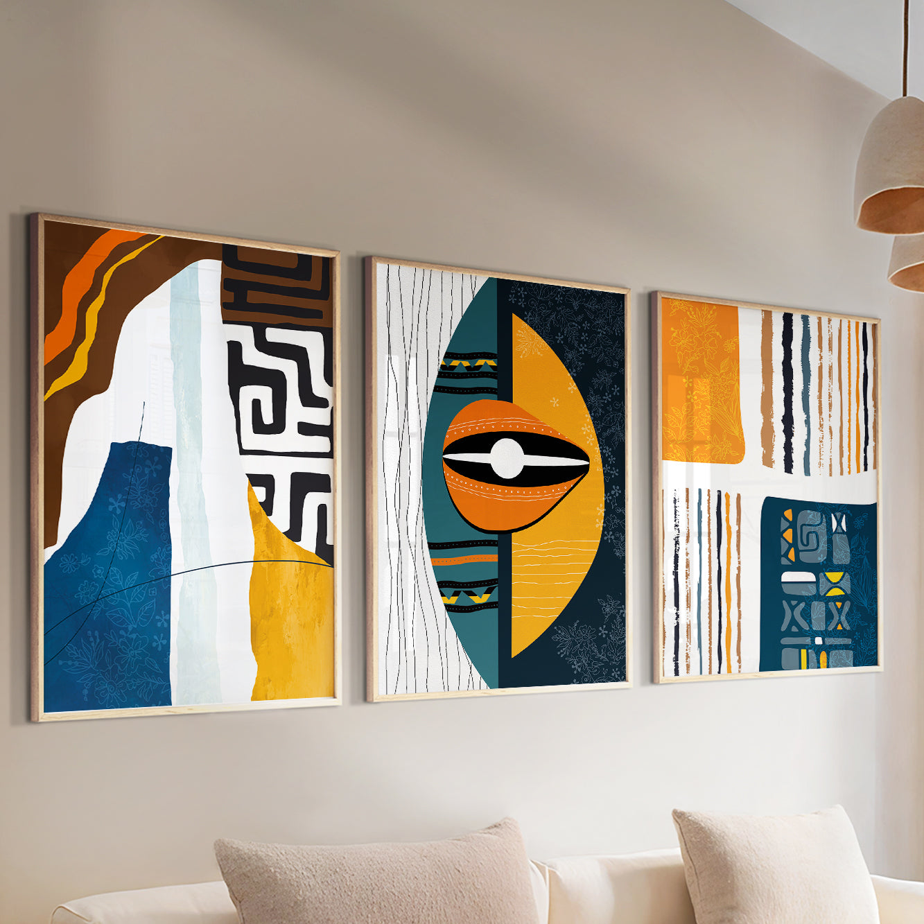 Contemporary African American art set – 3-piece abstract tribal prints, minimalist bedroom or living room decor