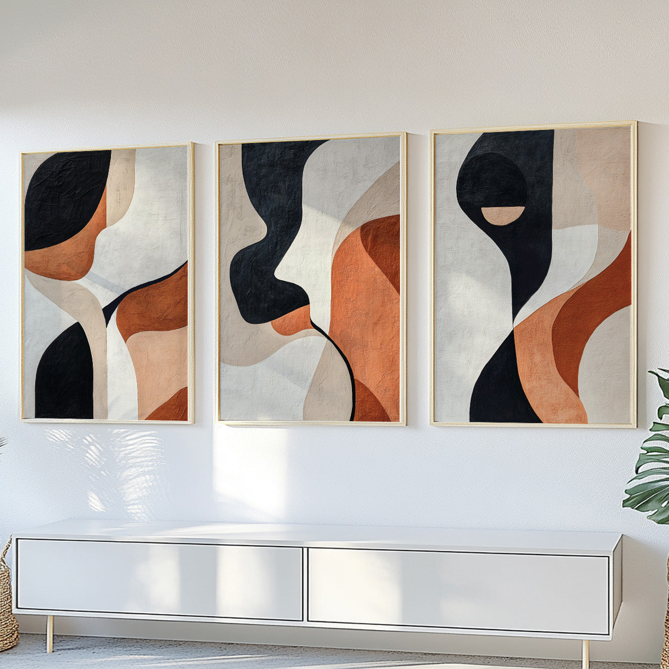 Modern Abstract Set of 3 – Black Terracotta Nordic Geometric Art (USA)