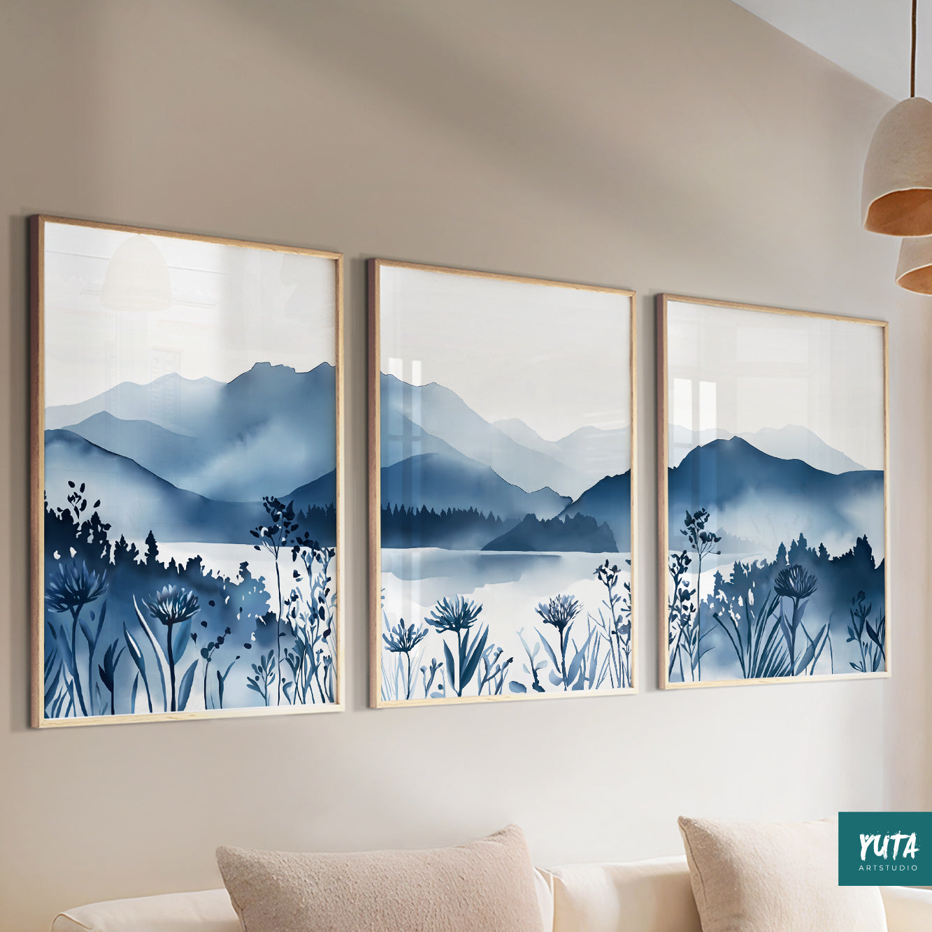Modern blue botanical print set of 3 for Scandinavian living room walls.