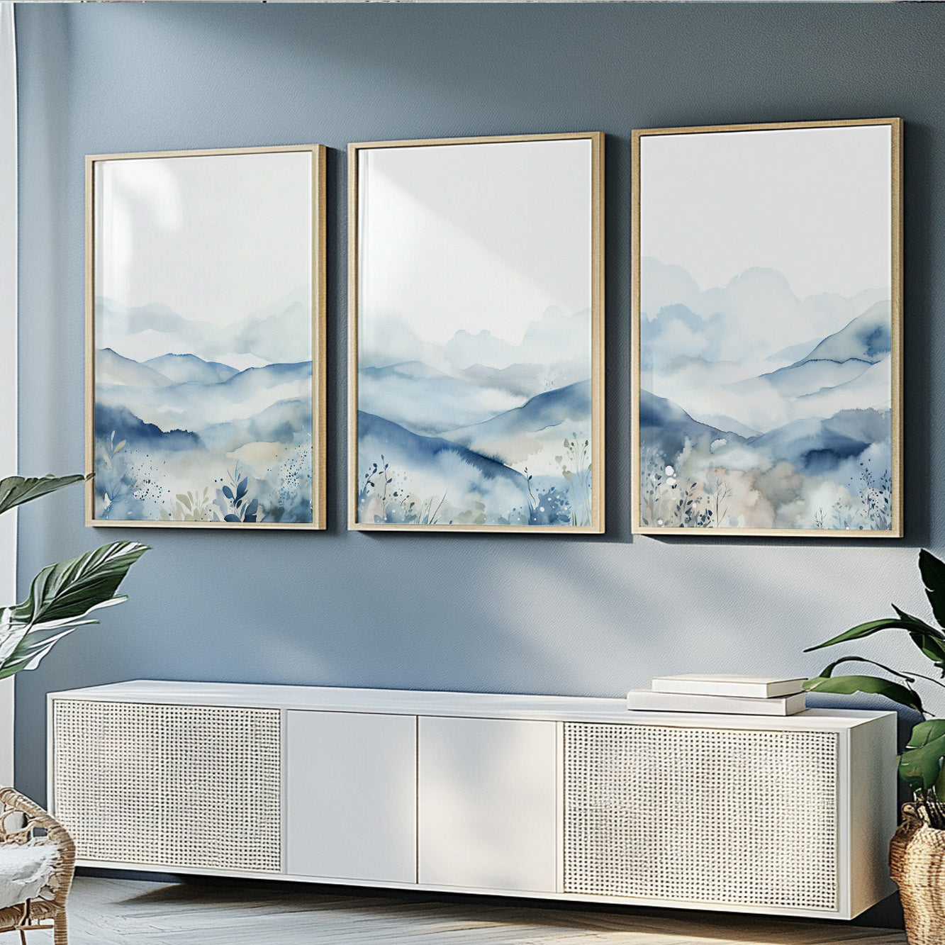 Minimalist blue mountain wall art triptych – perfect for calming nature-inspired decor.