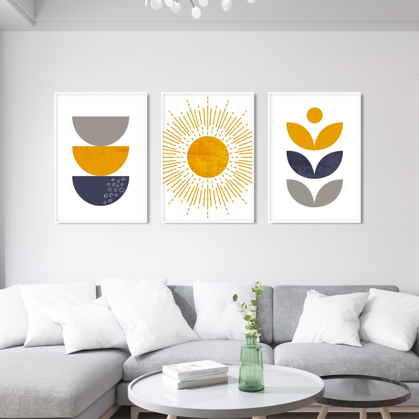 Modern boho prints in blue and yellow mustard colors for stylish mid-century interiors.