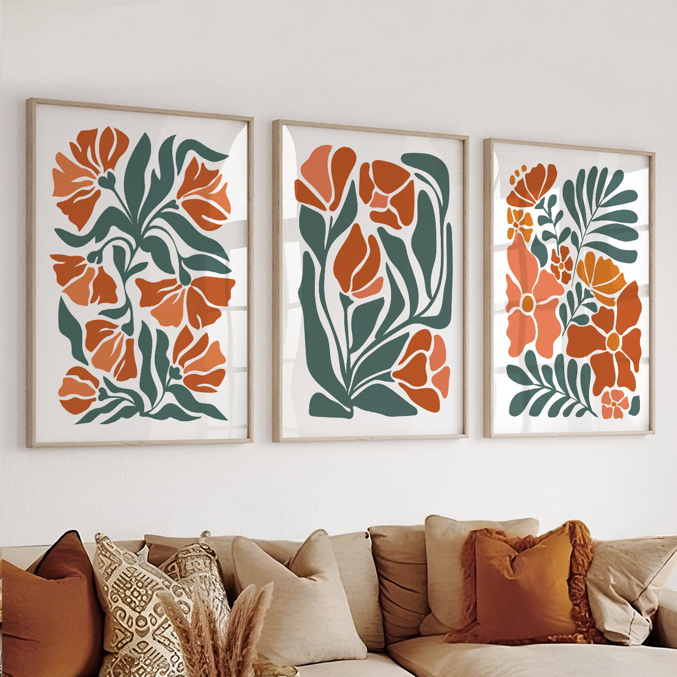 Boho Floral Set of 3 – Terracotta Minimalist Mid Century Prints for Vintage Bedroom Wall Art