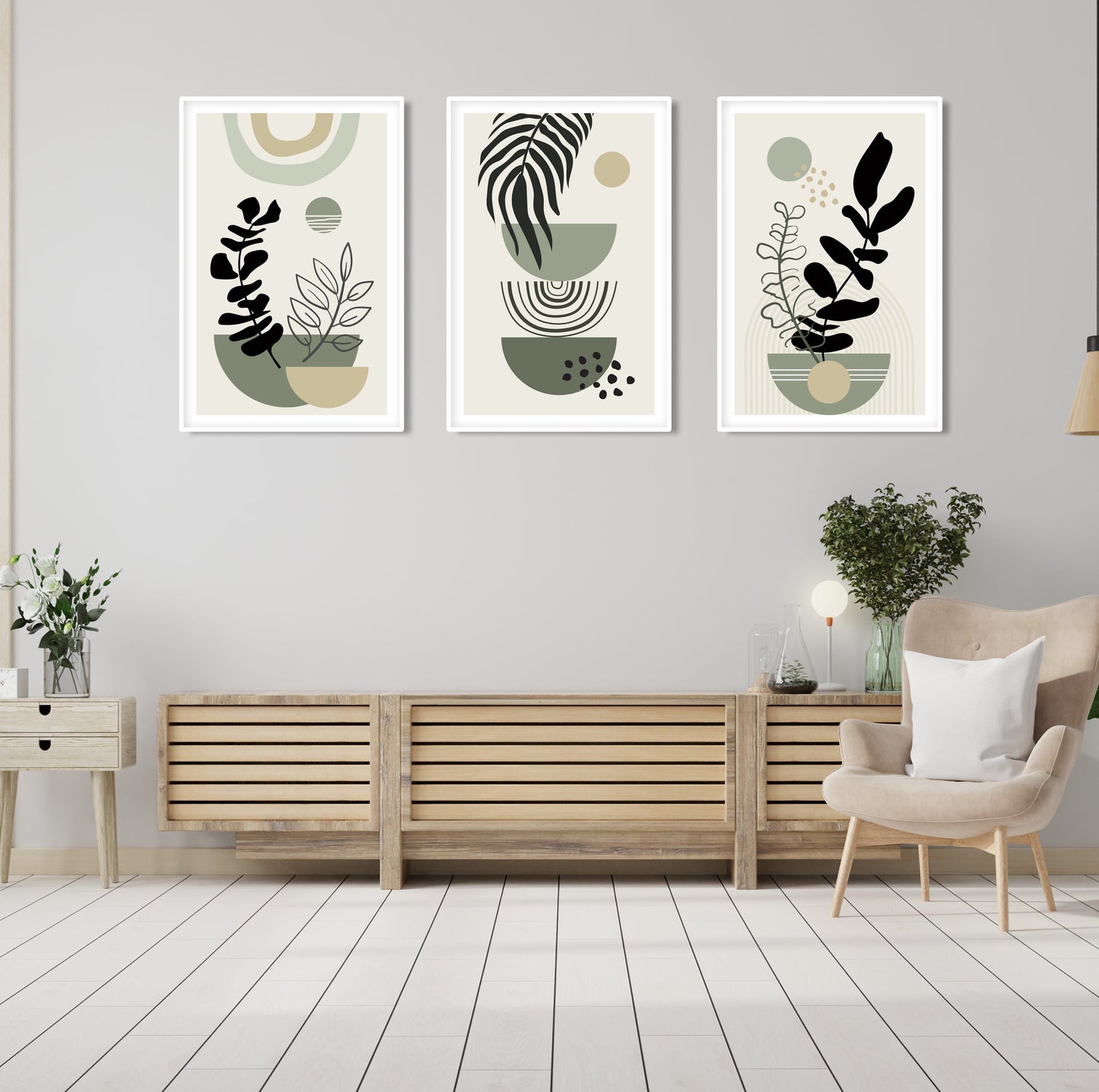 Modern boho green wall prints in a set of three for minimalist mid-century interiors.