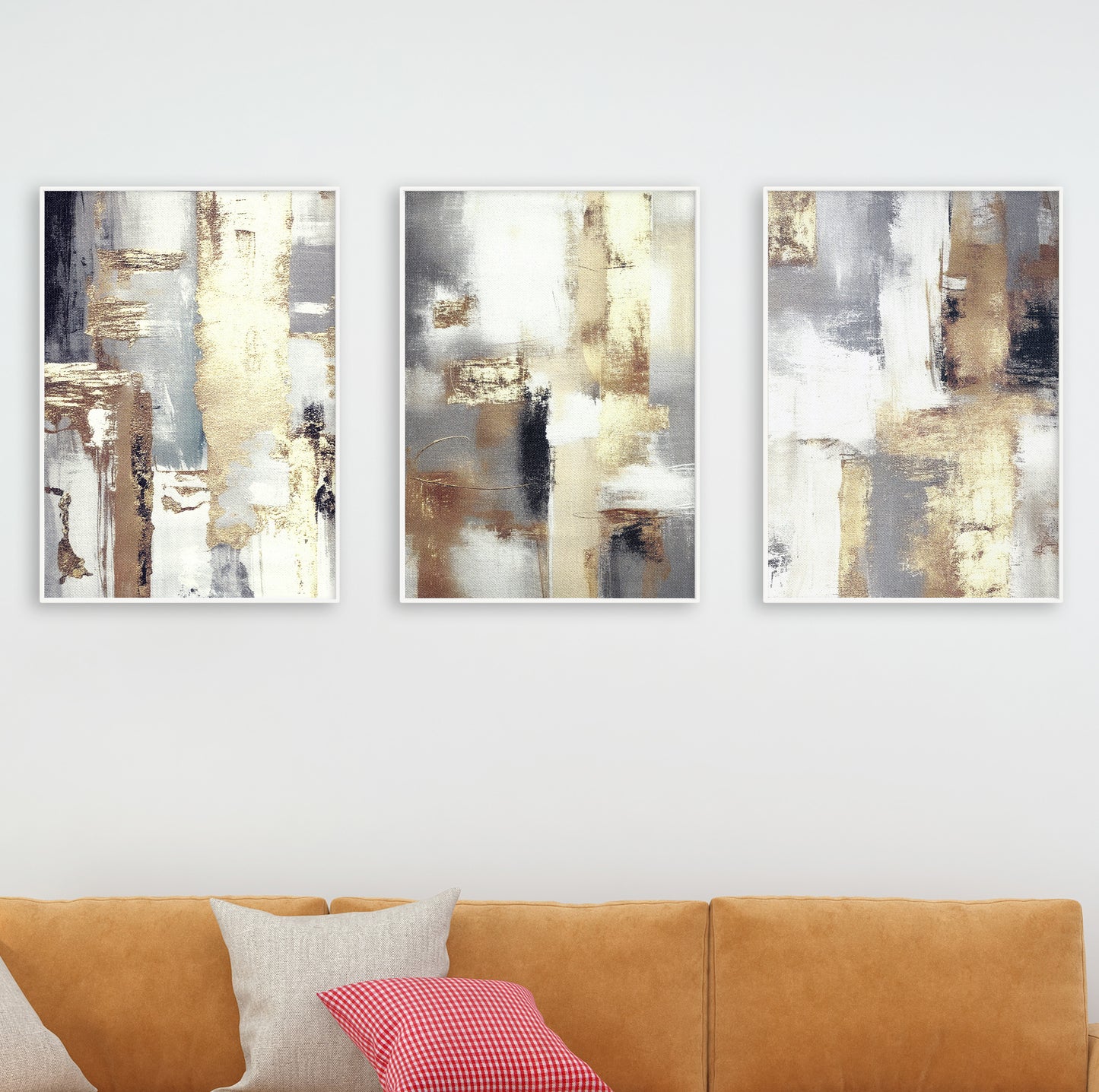 Modern gold beige wall art set in abstract style for bedroom or living room decor.