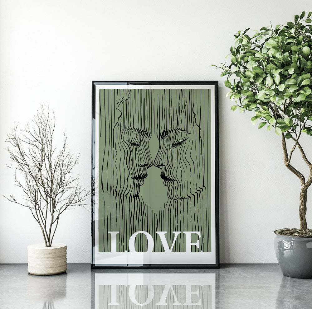 Minimalist Kissing Lovers Print – Sage Green Love Couple Wall Art, Extra Large Bedroom Decor