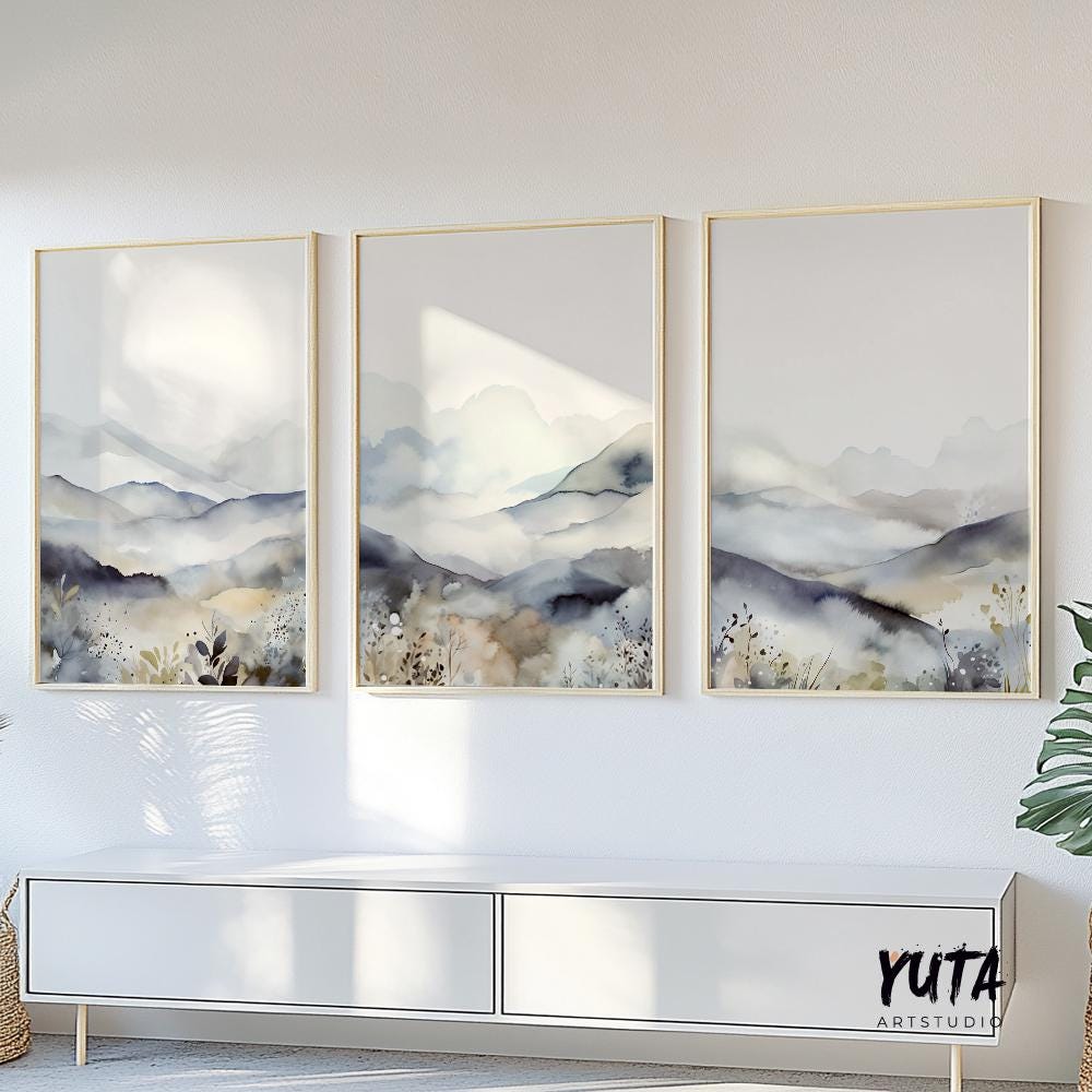 Set of 3 minimalist landscape prints with Nordic abstract mountains and nature.