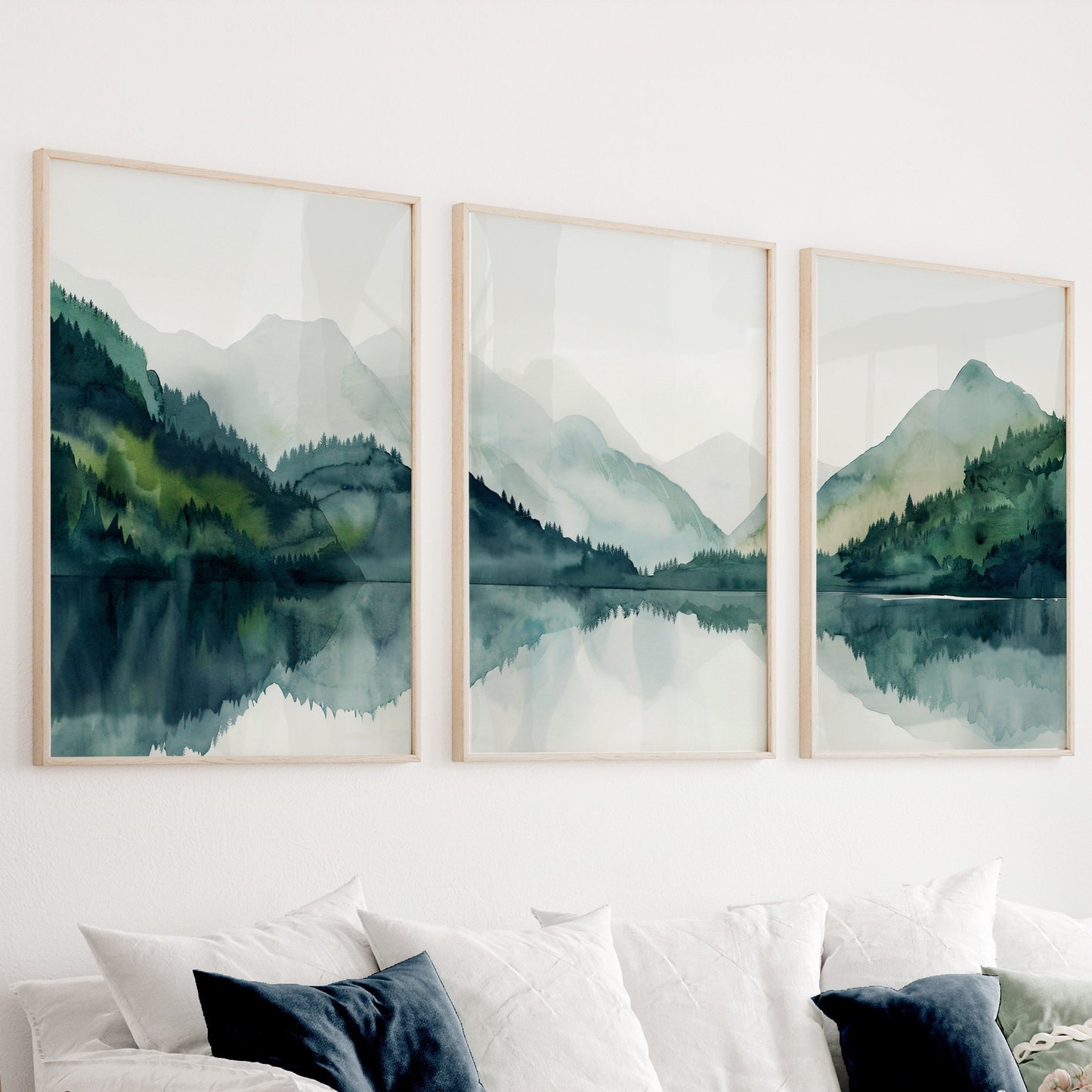 Modern minimalist mountain gallery wall set of 3 print. Nordic wall art emerald green nature landscape painting, scandinavian home gift idea - Mountain wall art