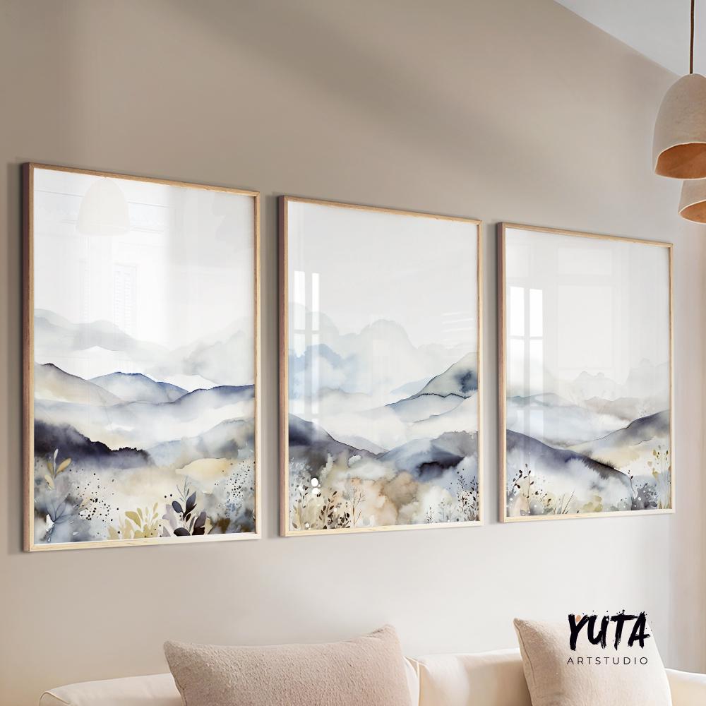 Set of 3 mountain prints with abstract Nordic nature design.