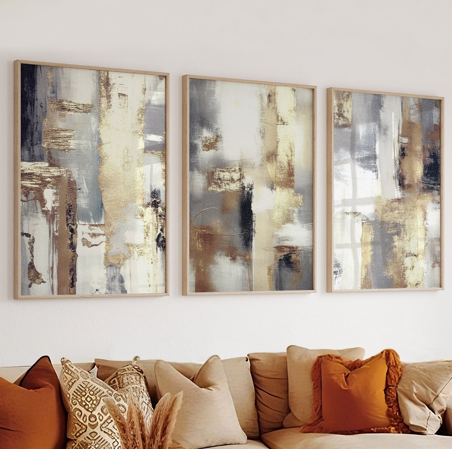 Modern neutral textured abstract art triptych in calming gold and beige palette.