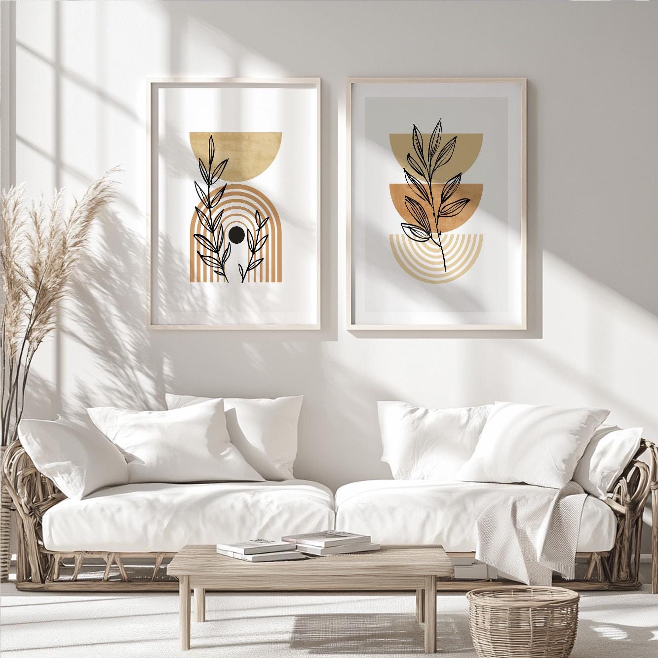 Set of 3 terracotta beige prints – boho botanical art in pastel tones for mid century modern interiors.