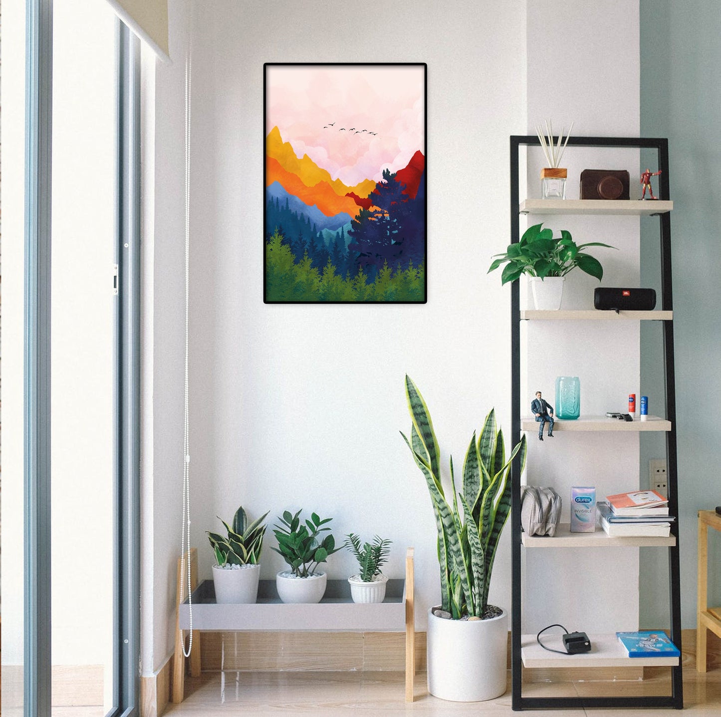 Vibrant colorful mountain print in Scandinavian style, abstract landscape wall art.