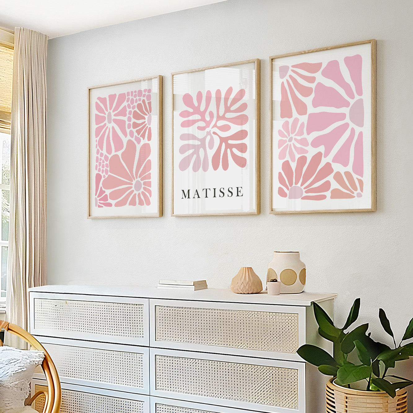 Abstract Pink Floral Matisse Set of 3 Prints – Mid Century Neutral Minimalist Gallery Wall Art, Vintage Trendy Posters
