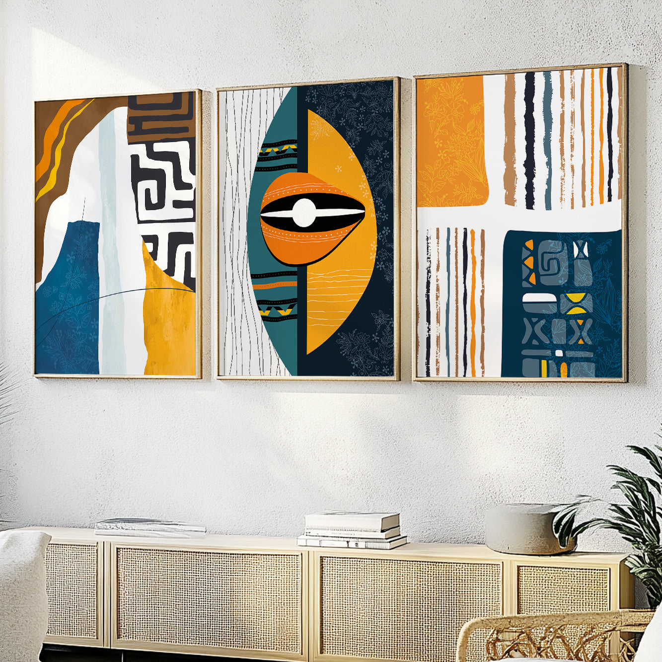 Colorful African American gallery wall art – set of 3 modern abstract prints, tribal ornament design for aesthetic room decor
