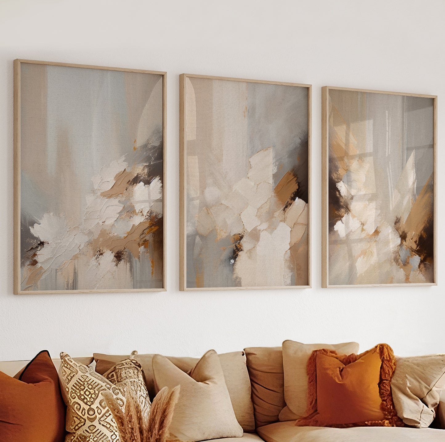 Minimalist abstract art print in light sand and cream colors, perfect for calm modern interiors.