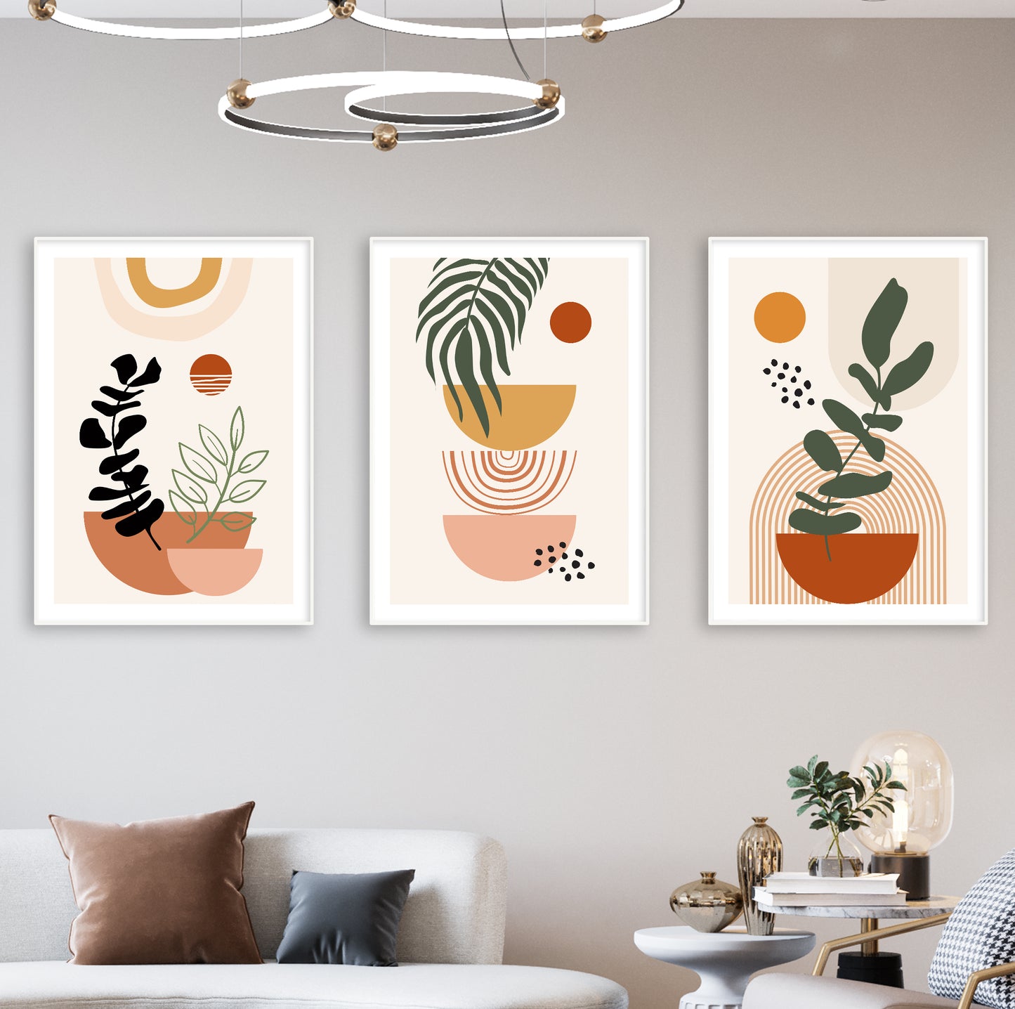 Boho-inspired art set combining natural forms and graphic elements in earth tones.