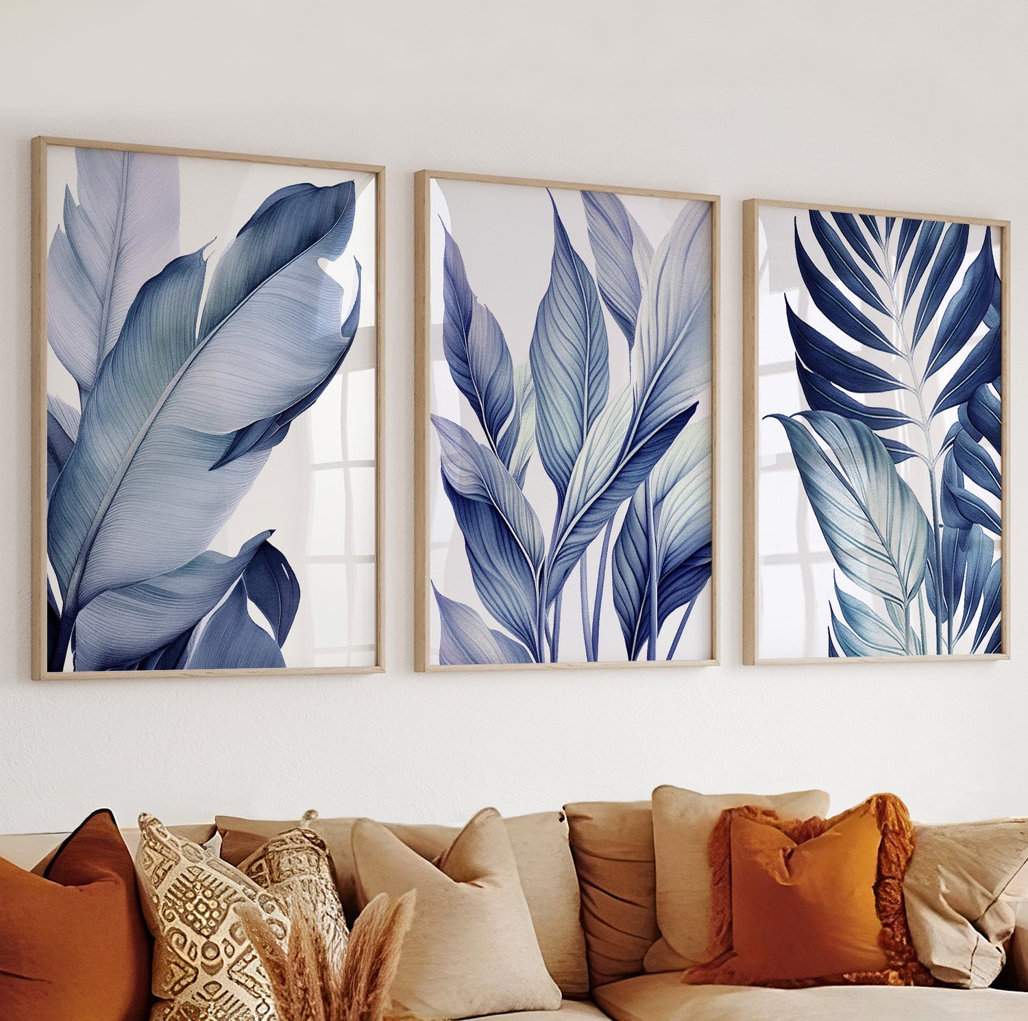 Detailed abstract palm leaf composition in blue shades, ideal for bringing calm and elegance into any living space.