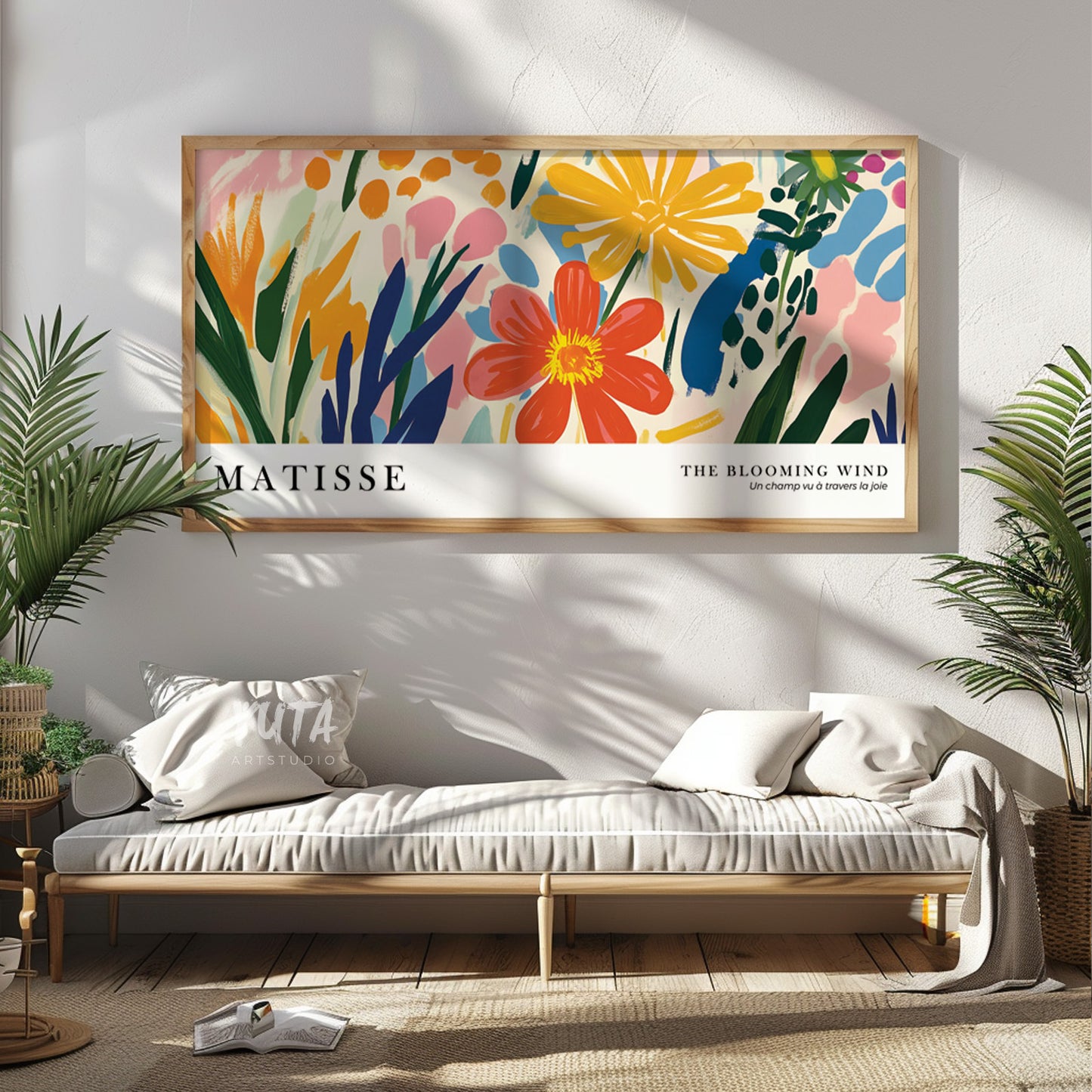 Botanical art print with abstract flowers in bright colors