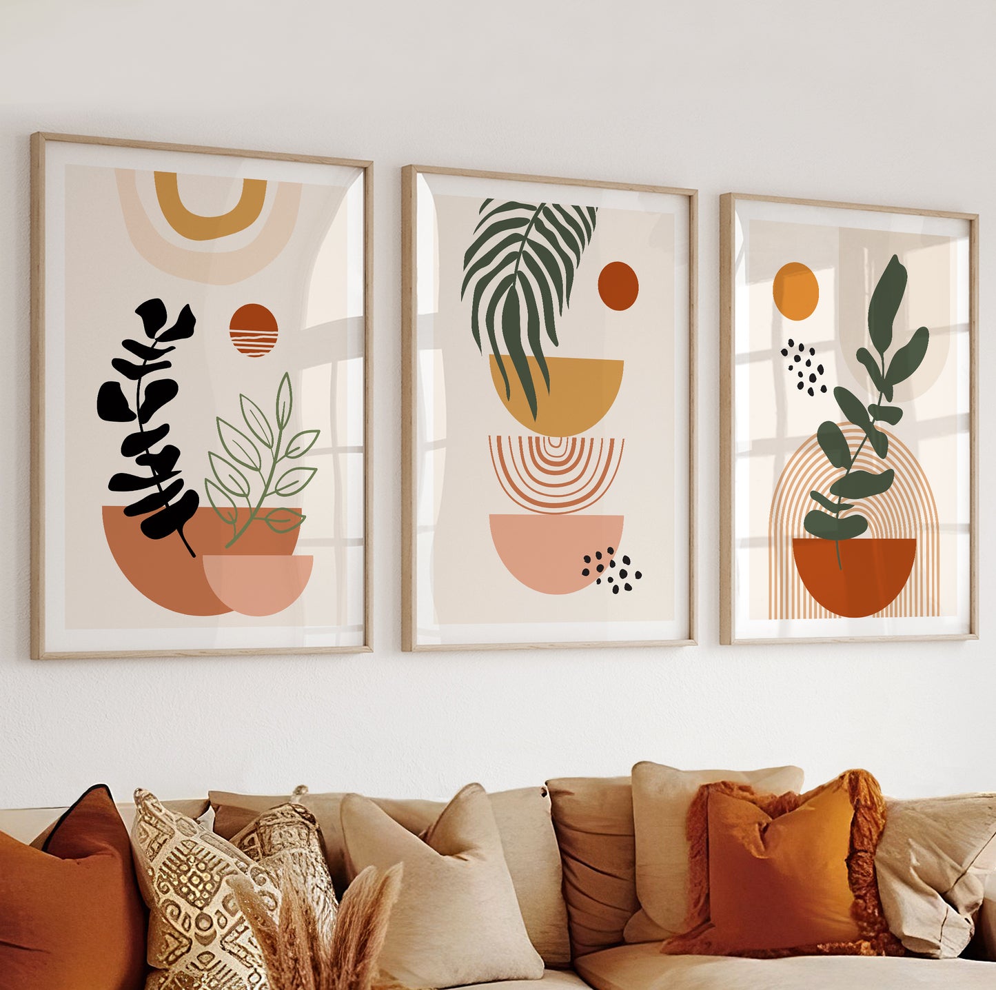 Stylized potted plant print with flowing green leaves and stacked mustard and coral pots.