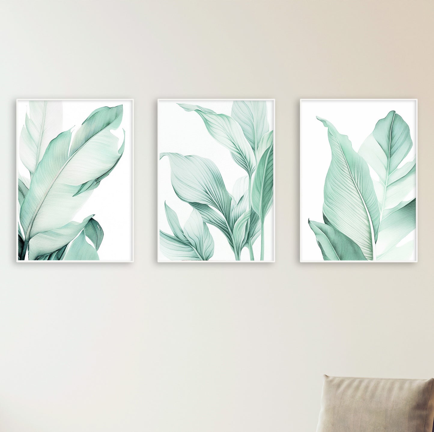 Clean and peaceful wall art featuring tropical green leaves in a contemporary interior setup.