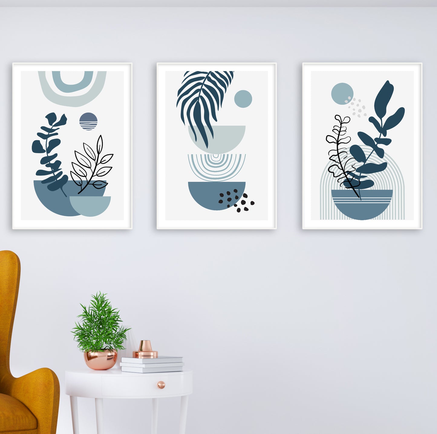 Wall decor series with contrasting leaf outlines in navy and teal over structured geometric forms.