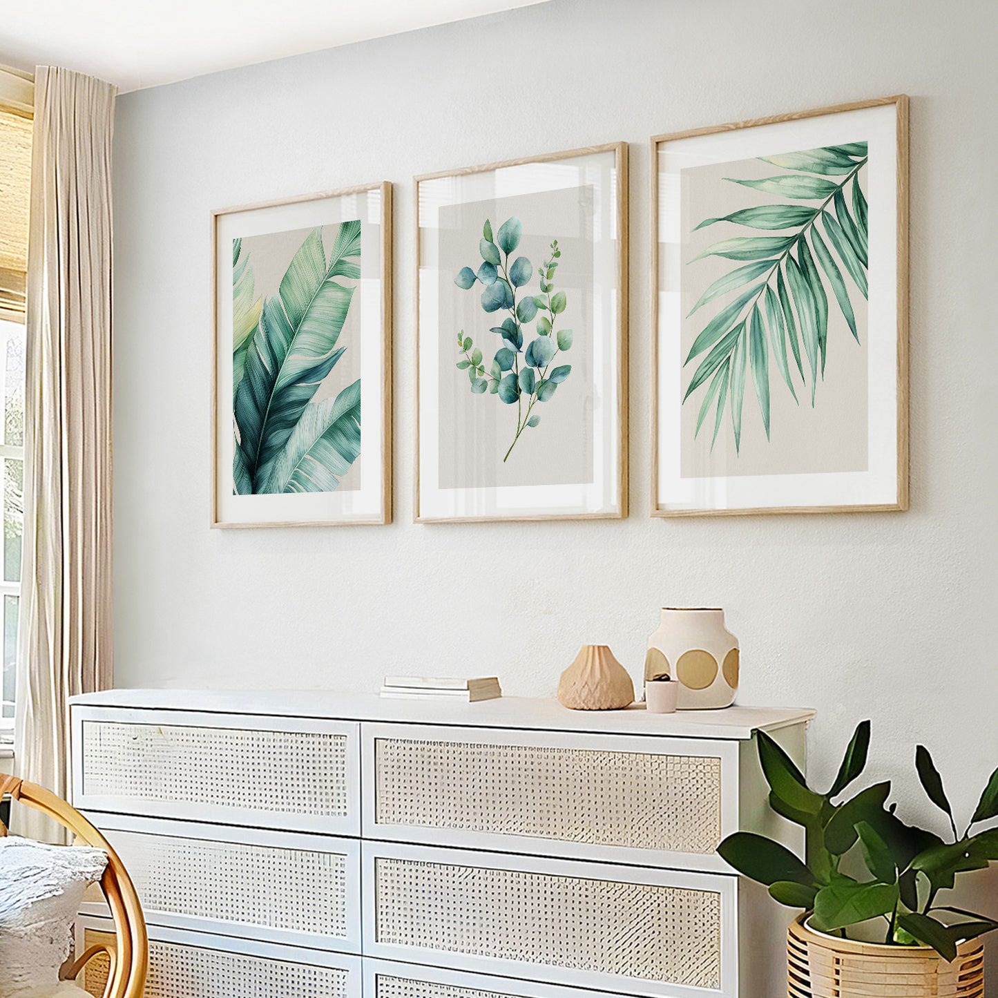 Scandinavian style tropical leaf artwork printed on canvas or paper, ideal for minimalist or boho home decor