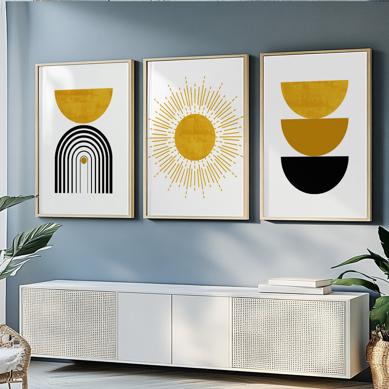 Mustard Yellow and Black Boho Art Set of 3 – Abstract Wall Prints for Bedroom Decor