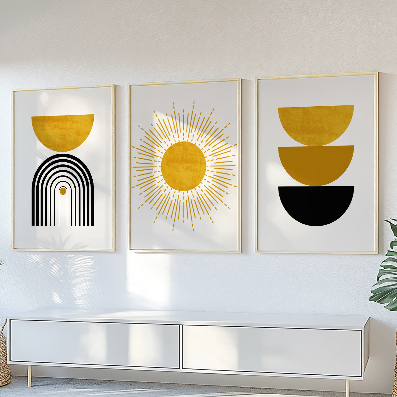 Black and Mustard Yellow Boho Wall Art Set of 3 – Vibrant Modern Prints