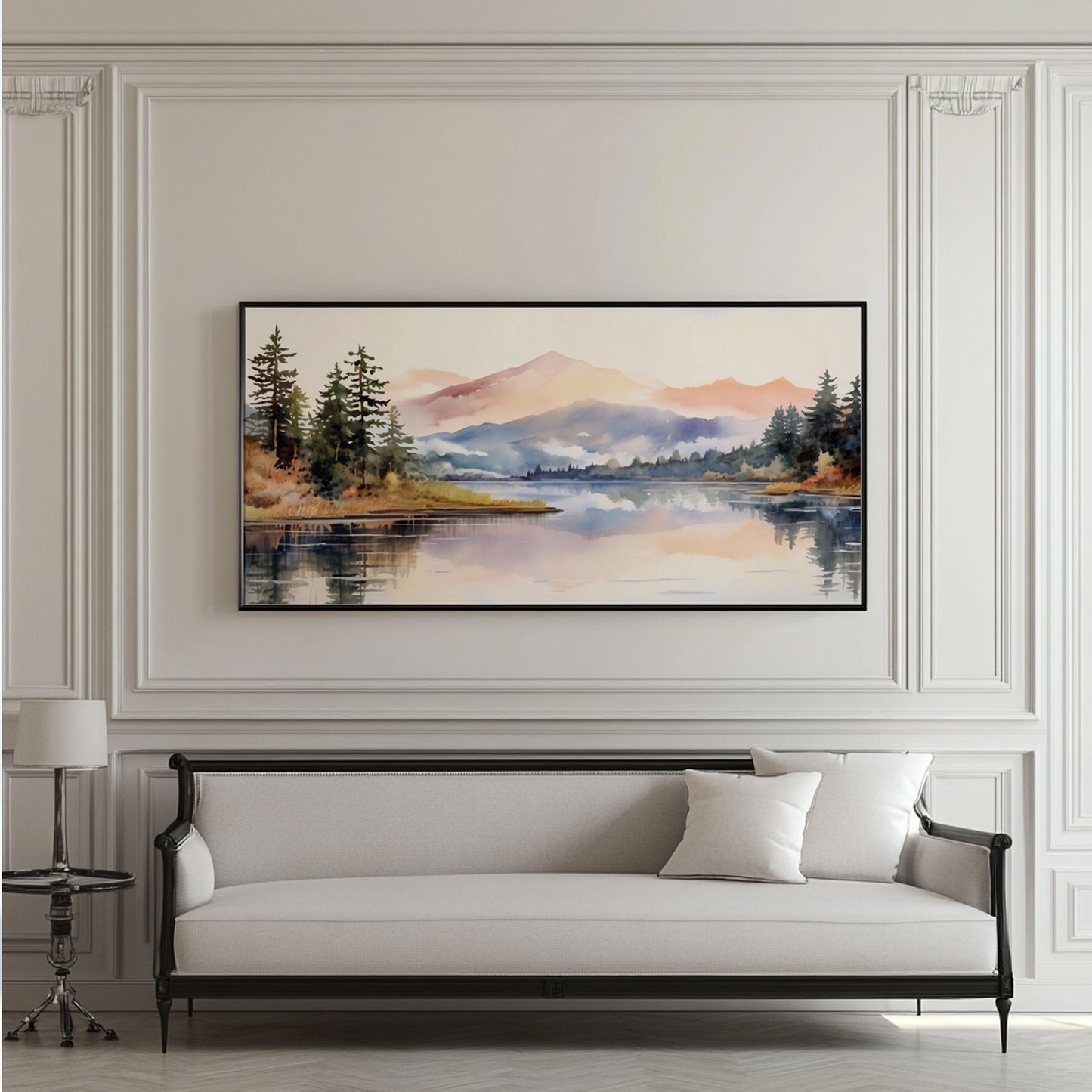 Long narrow landscape print with forest lake and misty hills in pastel watercolor tones, perfect for peaceful bedroom or hallway wall setups.