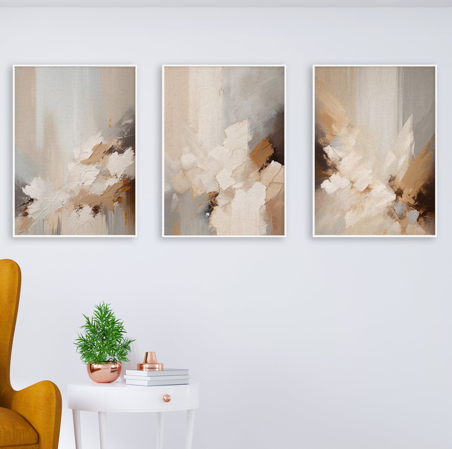 Abstract print trio with sand-inspired tones and subtle movement – ideal for calm and elegant spaces.