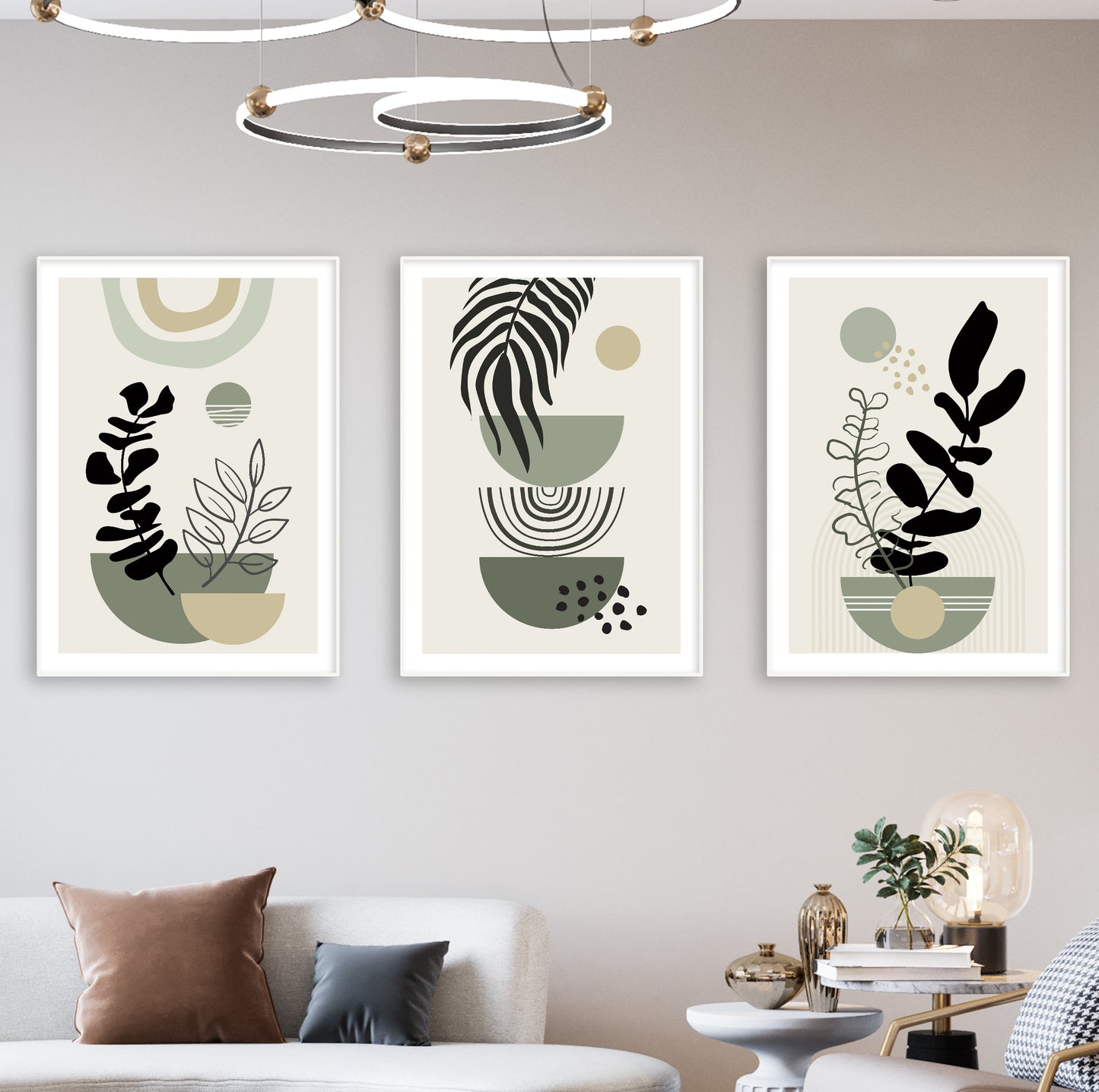 Set of digital posters for calming and organic home interiors with abstract foliage.