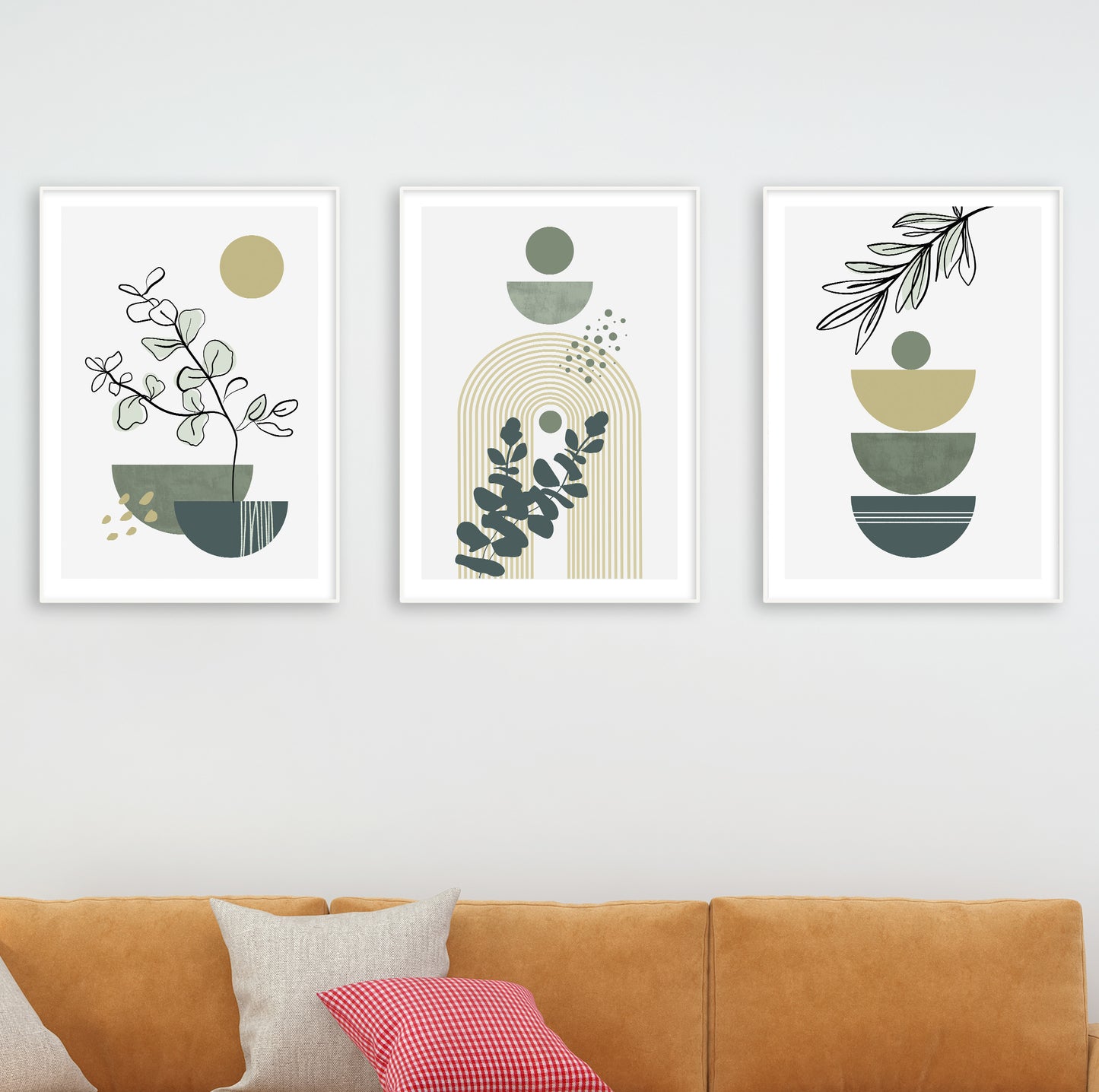 Modern minimalist art set using muted green tones and botanical inspiration.
