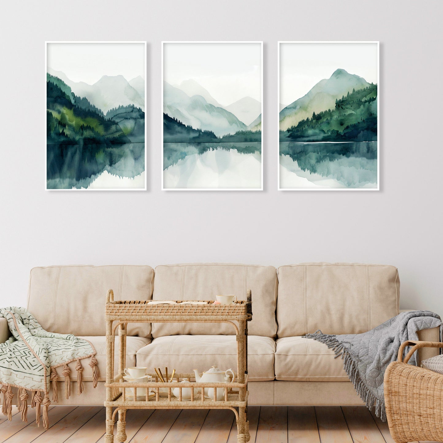 Abstract mountain and lake landscape prints set of 3 with lush forest and calm water in green tones.