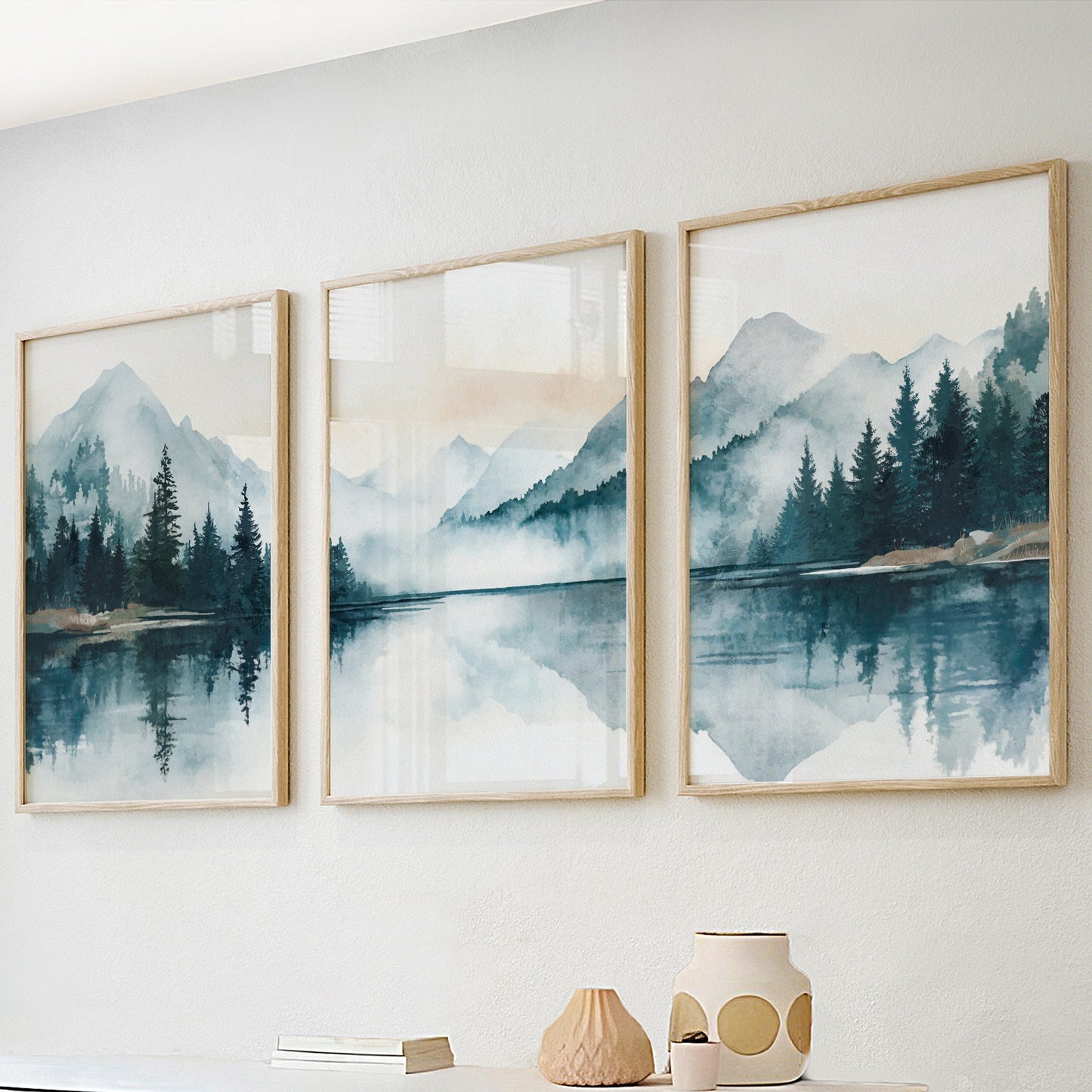 Abstract nature prints of lake in forested mountains, emerald green and blue tone