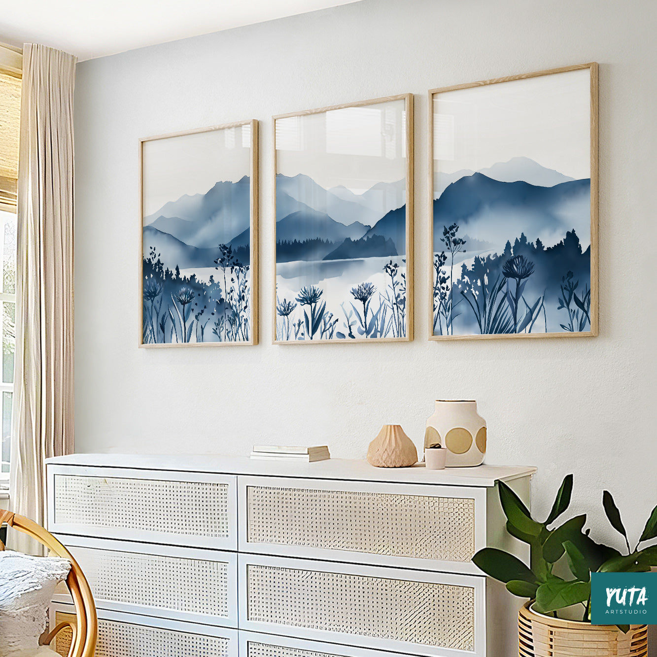 Nature triptych featuring abstract blue mountains, ideal for living room walls.
