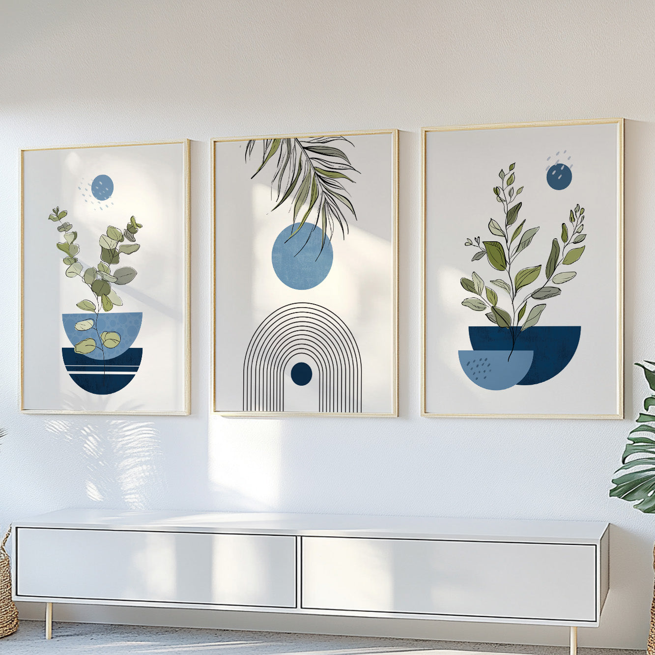 Navy blue boho wall art set of 3 – abstract botanical prints in mid century modern style for bedroom gallery walls.