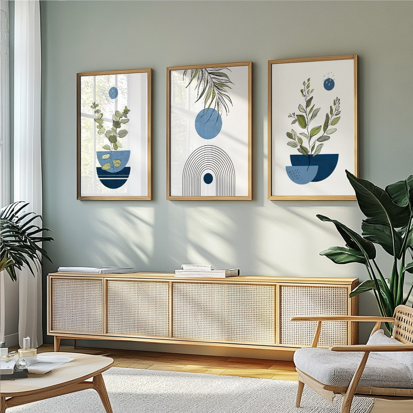 Mid century navy blue botanical art – boho abstract wall set for elegant and calming bedroom design.