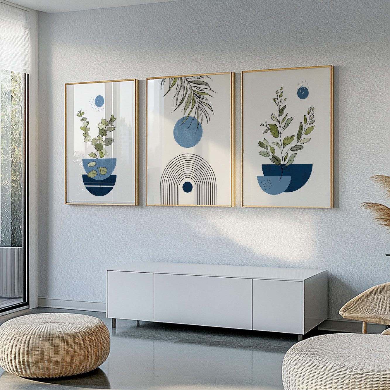 Set of 3 navy blue wall prints – boho botanical abstract art for modern bedroom gallery walls.
